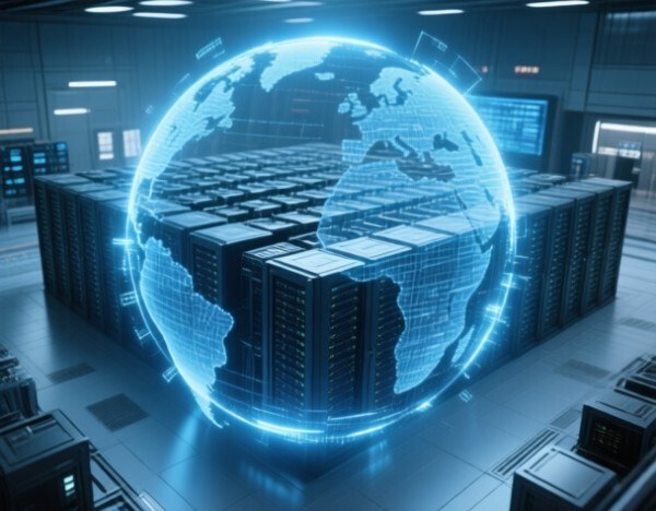 AI 数据中心与全球算力网络概念示意图